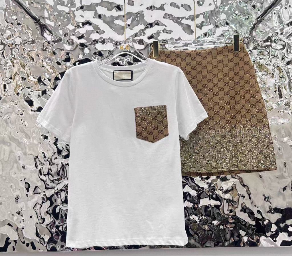 Embellished Pocket T-Shirt & Crystal Mini Skirt Set