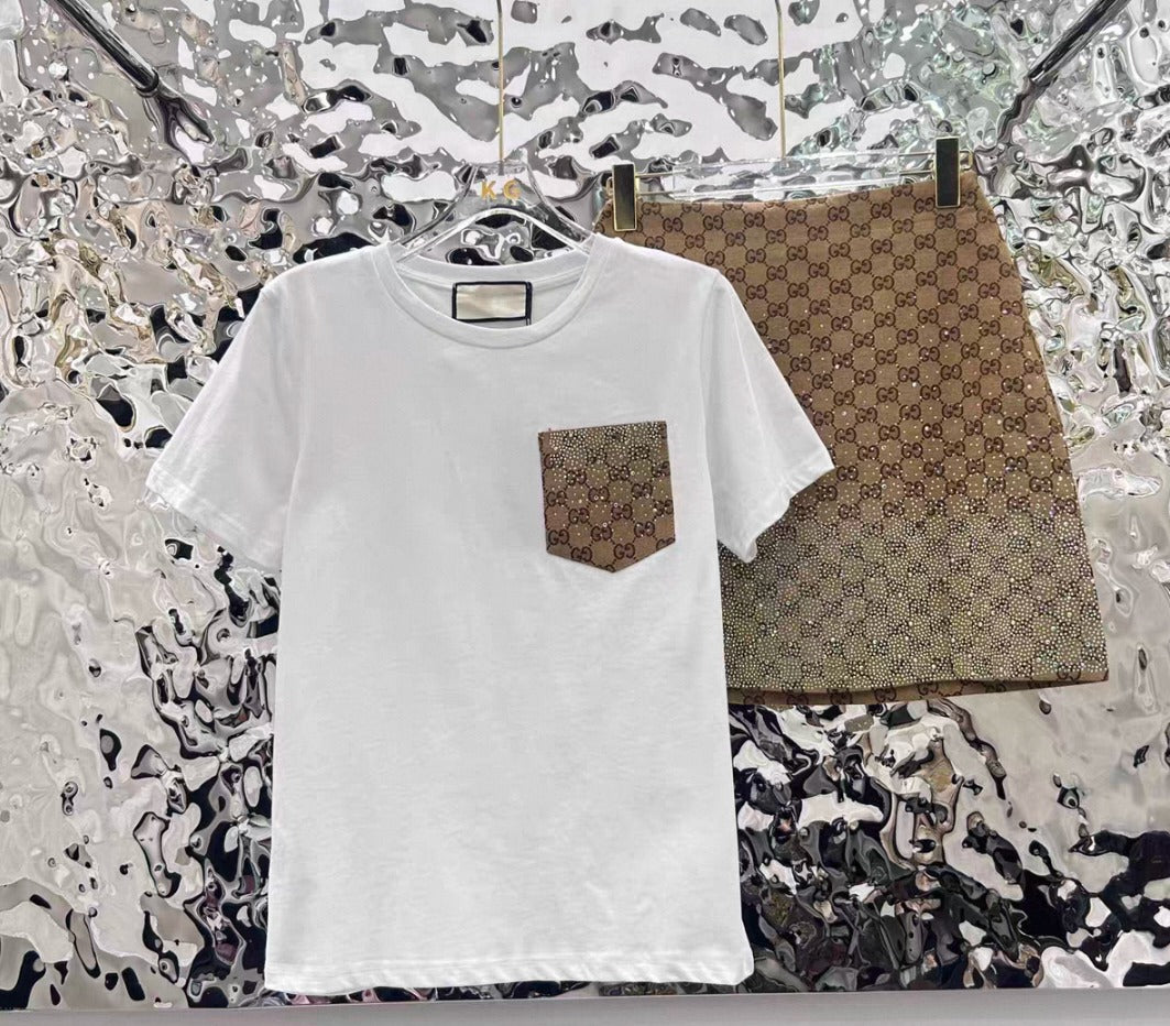 Embellished Pocket T-Shirt & Crystal Mini Skirt Set
