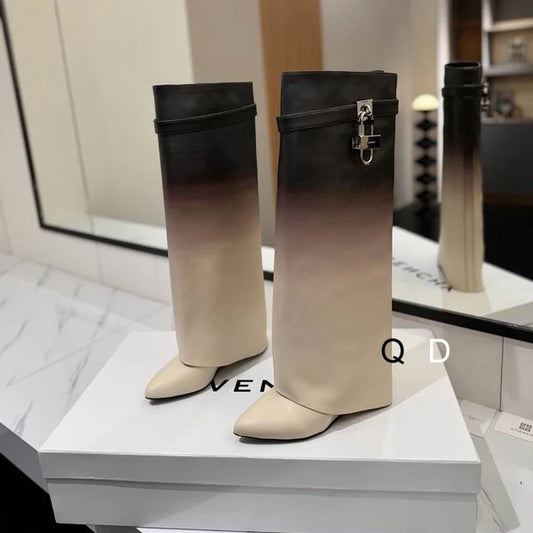 Ombre Leather Boots With Lock Detail