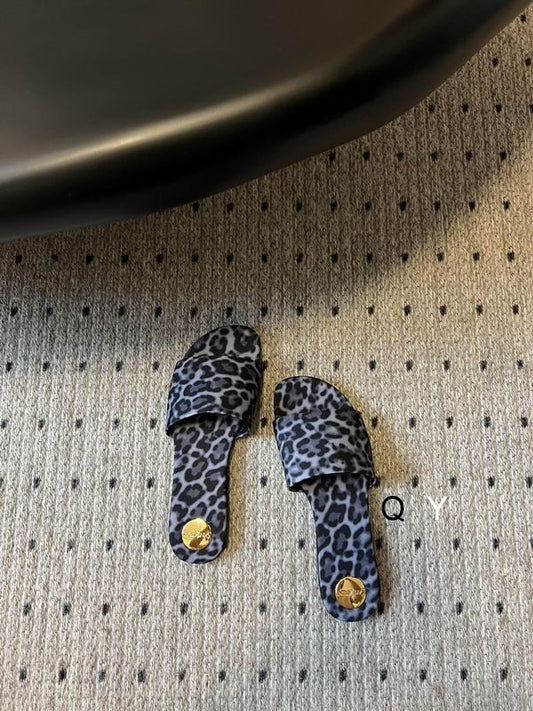 Grey Leopard Flat Slide Sandals