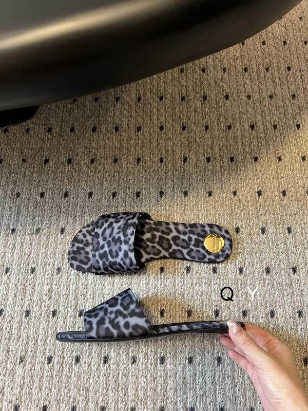 Grey Leopard Flat Slide Sandals