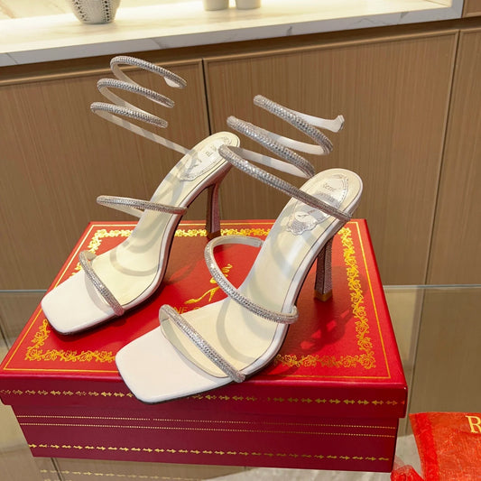 White Cleo Crystal Strap Sandals