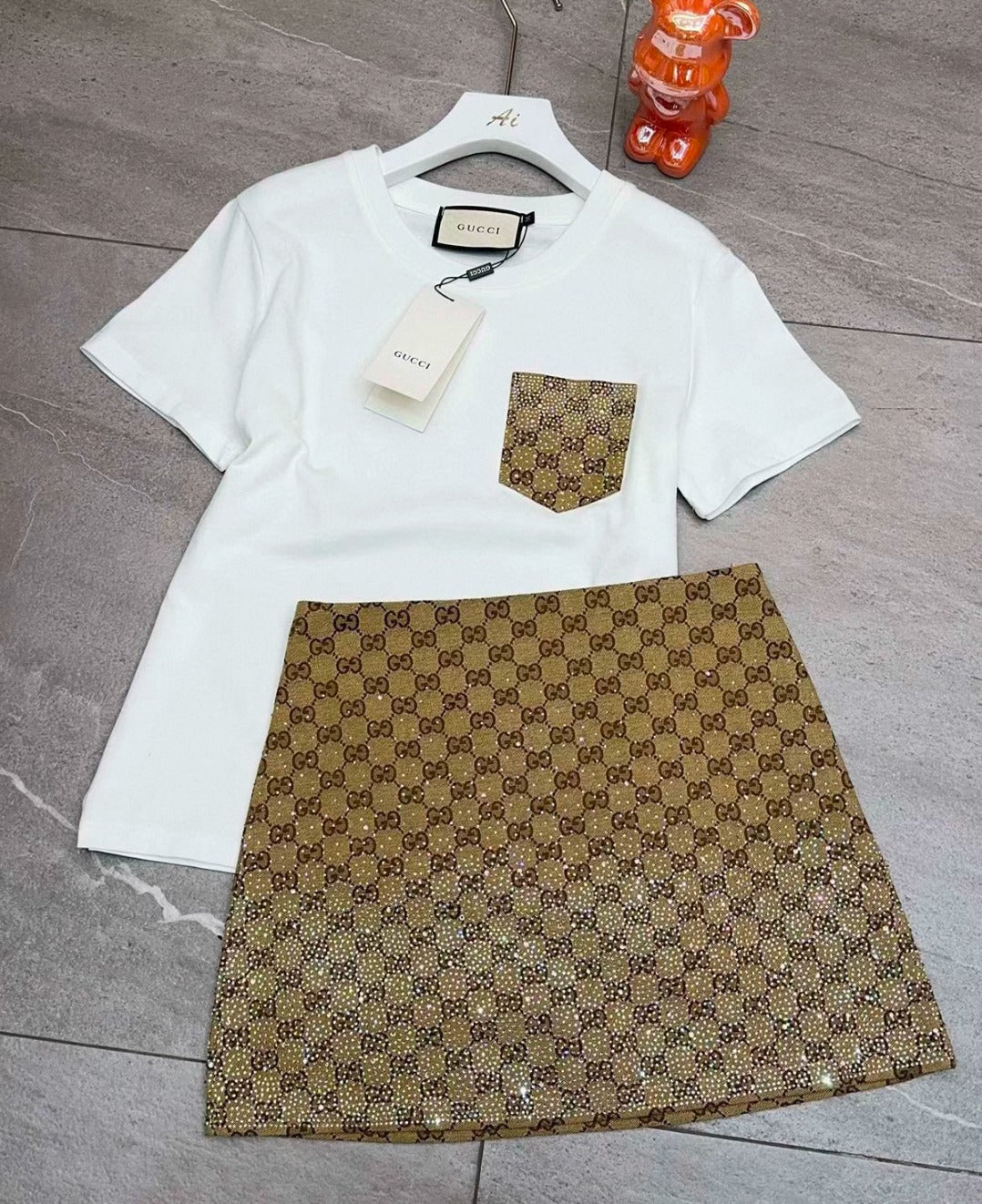Embellished Pocket T-Shirt & Crystal Mini Skirt Set