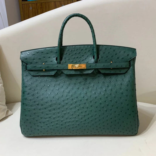 40 Ostrich Malachite With Gold Hardware Bag